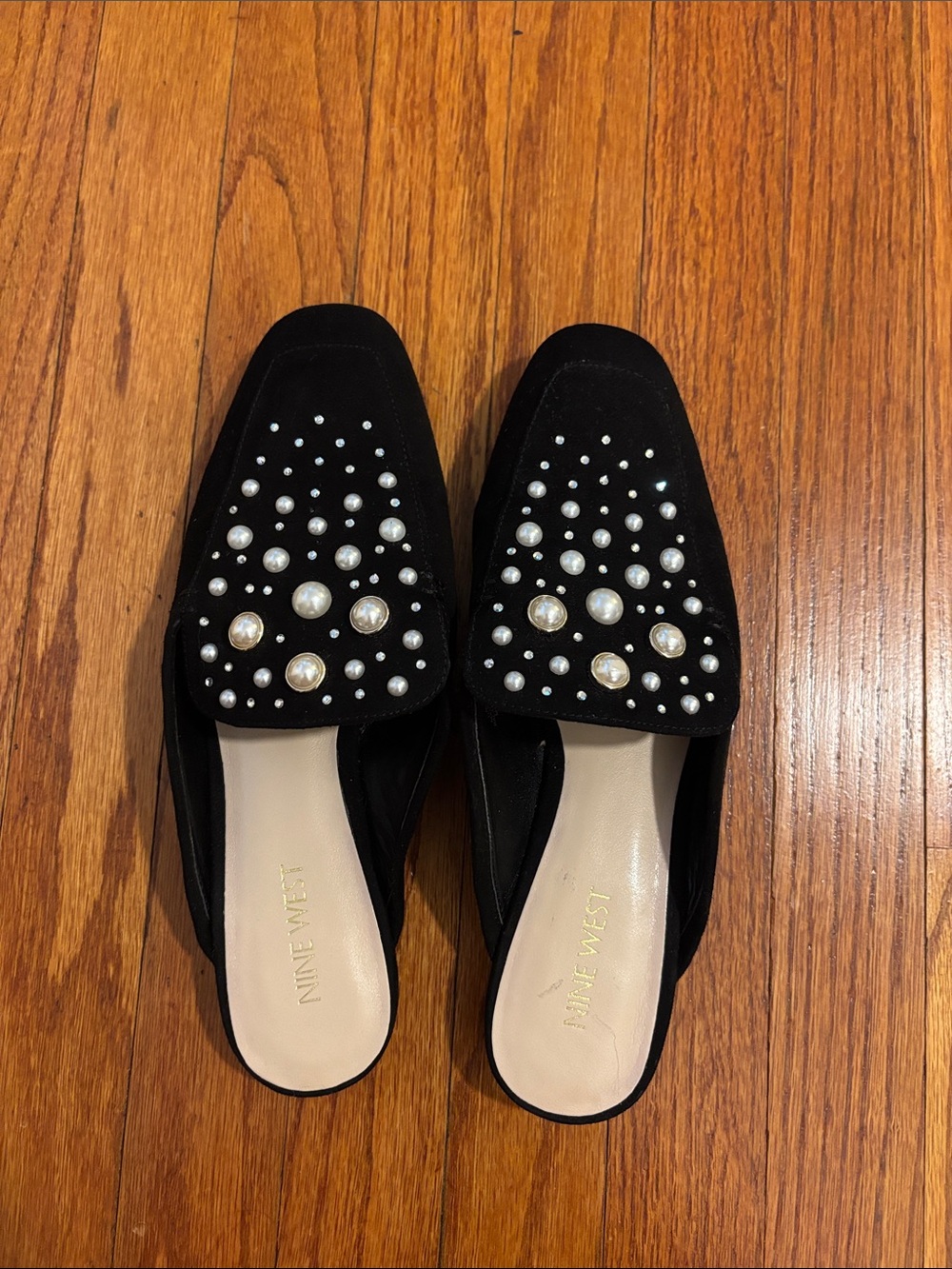Nine West Black Pearl-Studded Suede Slip-On Mules